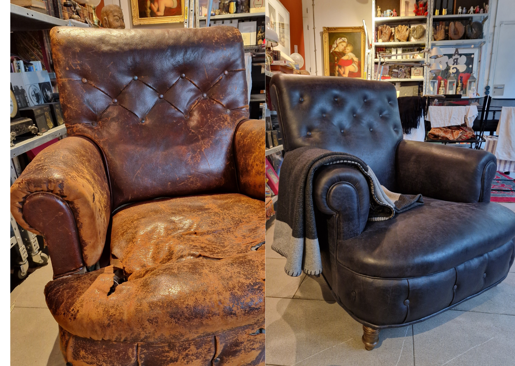 Fauteuil en cuir complètement abimé avant sa restauration et après sa restauration en cuir catégorie tapisserie ameublement